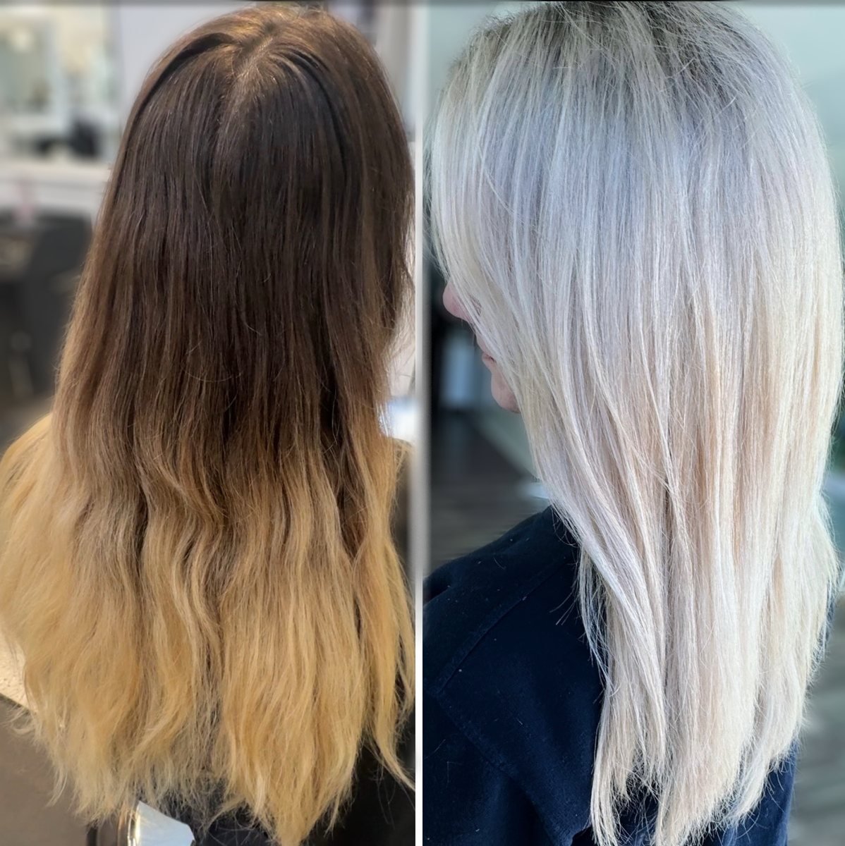 Before and after platinum blonde hair color at Studio 39 Salon